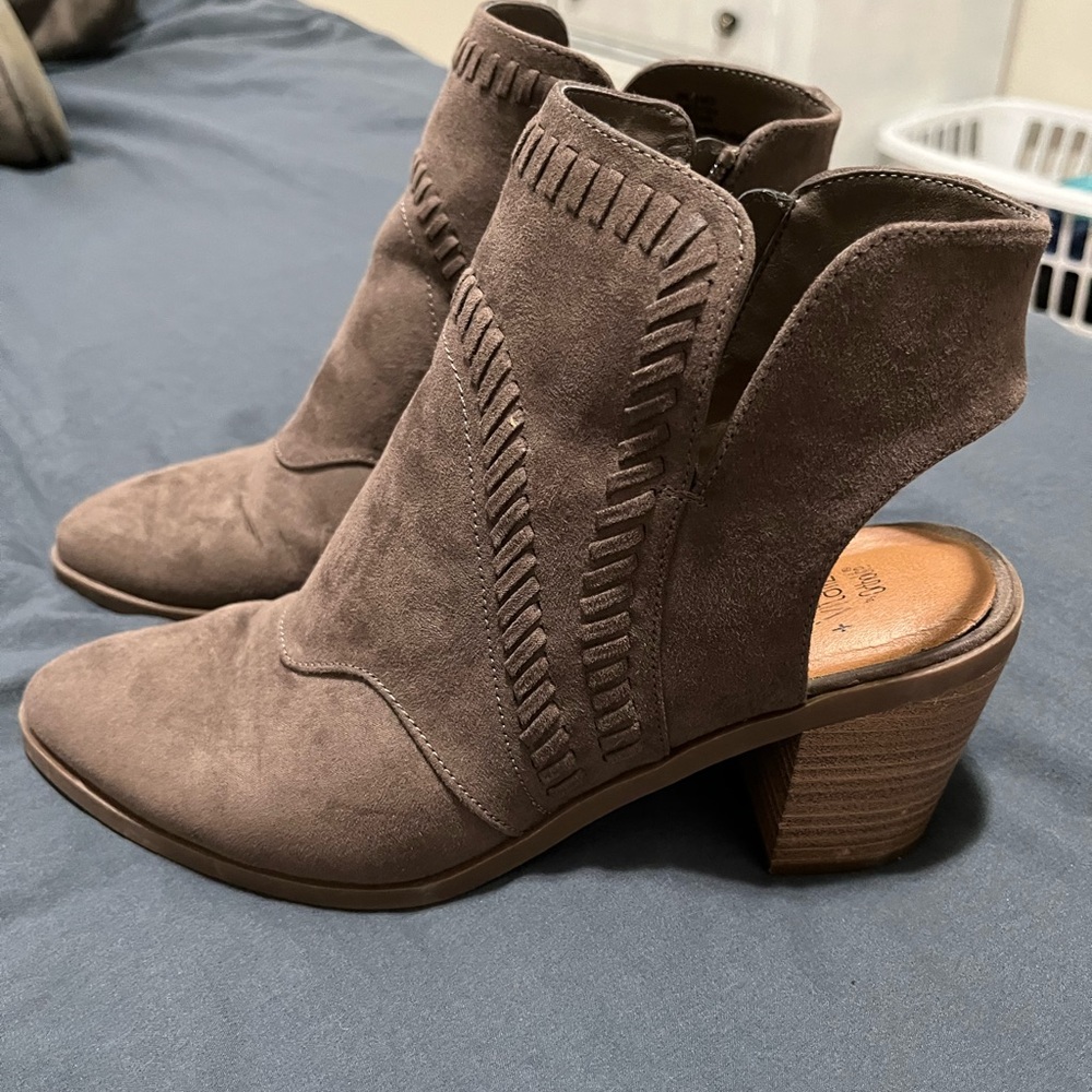 Brown open heel booties
